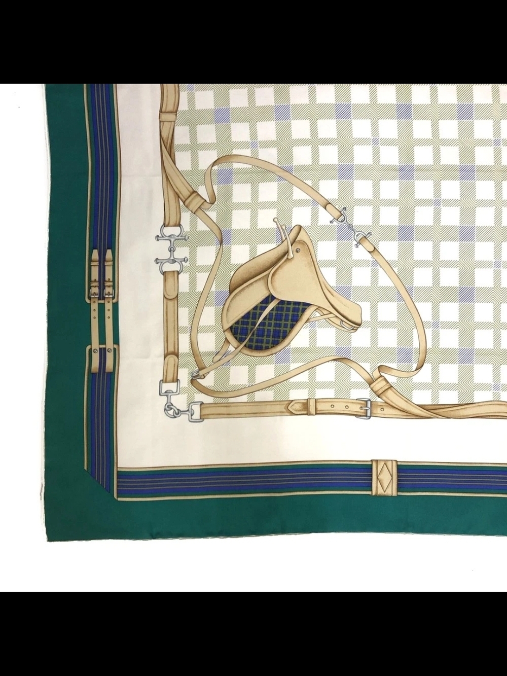 CELINE Paris Vtg Silk Scarf Equestrian Saddle Harness Motif Green Checkered 86cm - Picture 5 of 10